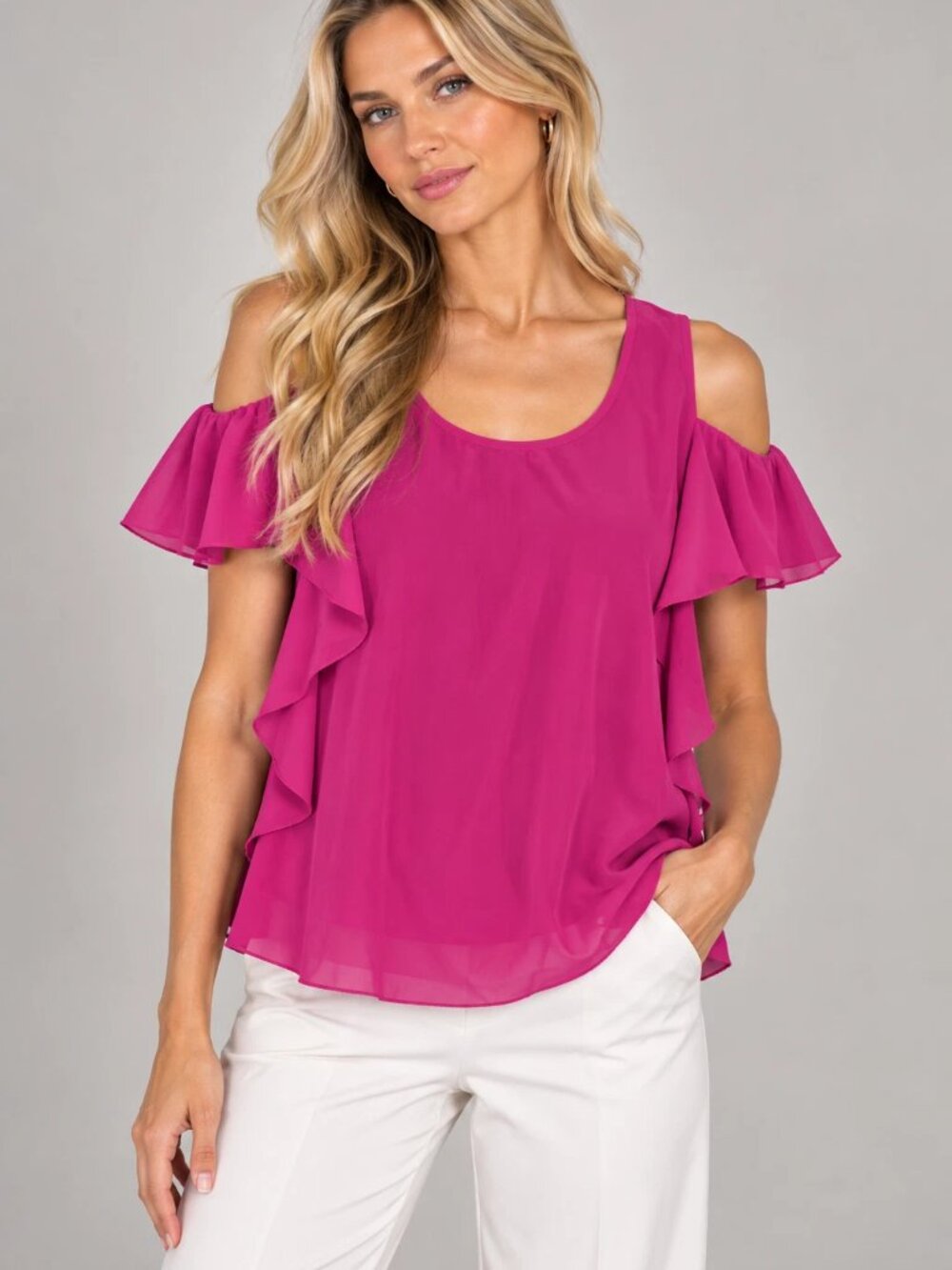 Trina Turk Cold Shoulder Ruffled 100% Silk Blouse Top Raspberry Pink Sz M Medium